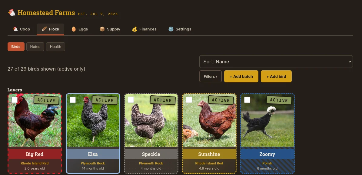 The Coop Ledger's flock tracking screen, showing individual birds with photos, breeds, and ages